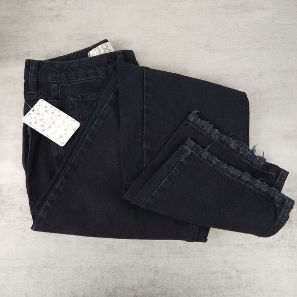 Free People Dakota Straight Leg Destructed Hem High Rise Pitch Black Denim Jeans - Picture 2 of 11